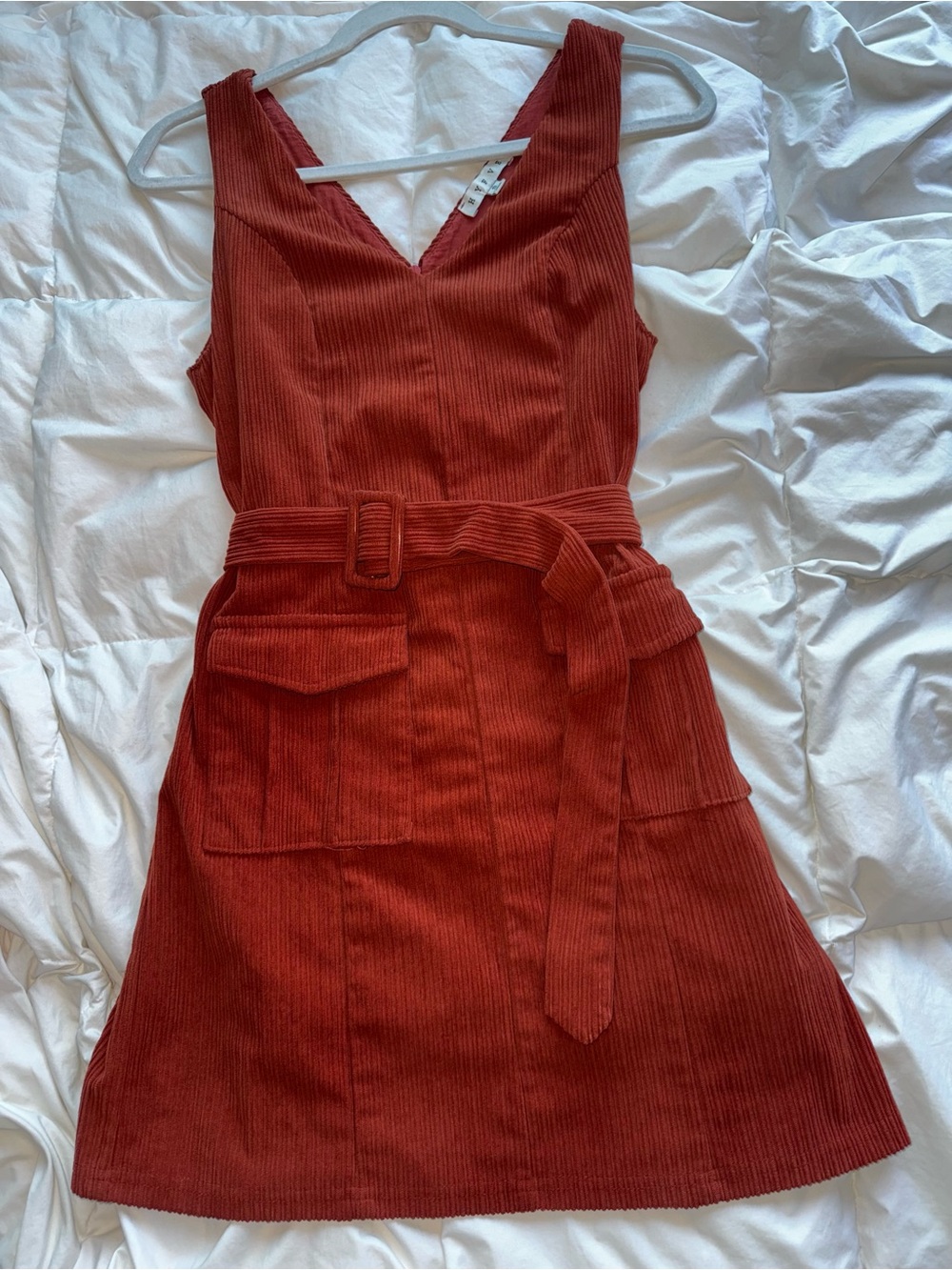 HYFVE Rust Corduroy V-Neck Belted Mini Dress